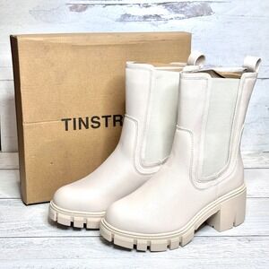 Tinstree Womens Cream Chelsea Lug Sole Block Heel Boots Size 5